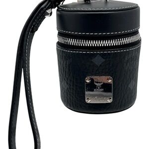 MCM Black & Gray Leather Cylinder Wristlet Silvertone Hardware Crossbody Bag